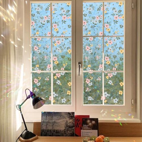 Runtoo Window Privacy Film Rainbow Boho Daisy Window Clings 3D Decorative Vinyl Stained Glass Wild Flower Leaves Decals Static Sticker Non-Adhesive, 15.75 x 40 inches