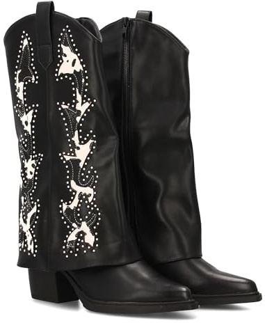 95286 Bota Cowboy para Mujer con Estampados de Animal Print y Tachuelas Diseno Llamativo y Elegante. Ideal Otono Invierno. Negro Talla 39