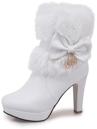 Bottes Chevilles pour Femme Bout Rond en Fausse Fourrure avec Charme Nœud Fermeture Éclair Côté Dessus en Cuir PU Talons Aiguilles Hauts À Enfiler Chaussures De Soirée Bal,Blanc,36 EU