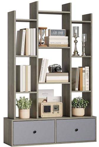 HOMCOM Tree Bookshelf, 12-Tier Floor Standing Bookcase with 2 Foldable Drawers, Freestanding Book Shelf Storage Display Shelving Unit for Living Room, Home Office, Bedroom, Graphite Wood Effect