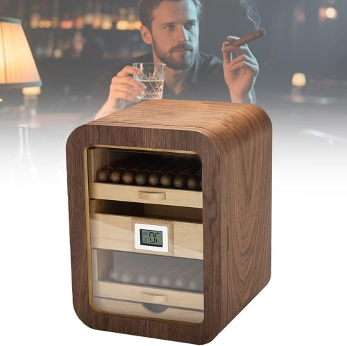 NzEupno Desktop Cigar Storage Cabinet, Cedar Wood Cigar Humidor Display Box with Hygrometer & Accessory Drawer, Travel Constant Temperature Humidor for 110 Cigars B