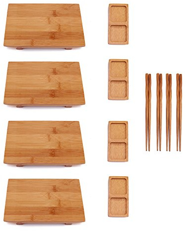 BambooMN Bamboo Sushi Plate/Tray, Chopsticks and Compartment Sauce Dish, 8.3 Rectangle - 4 Sets
