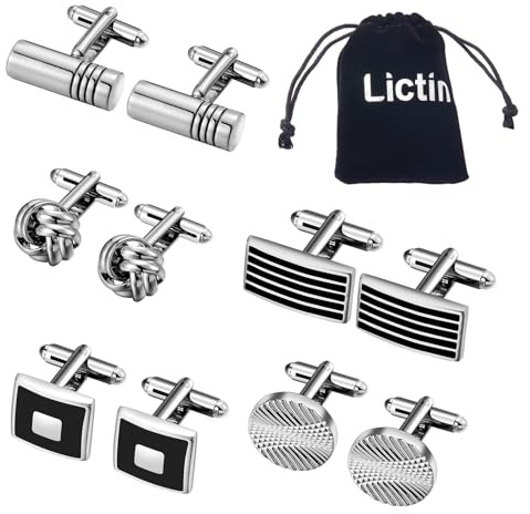 Lictin Men's Cufflinks Cuff Links for Men, 5 Pairs Stainless Steel Classic Tone Cufflinks Black Striped Cuff Links Shirt Suit Cufflinks