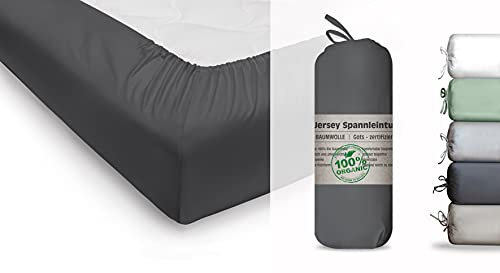 Blue Moon Bio Baumwolle Jersey Bettlaken - Spannbettlaken 160x200cm - Spannleintuch Spannbetttuch Bettlaken 160 x 200 Organic Cotton GOTS-Zertifiziert Ökotex Made in Green (Graphit, 140-160 x 200 cm)