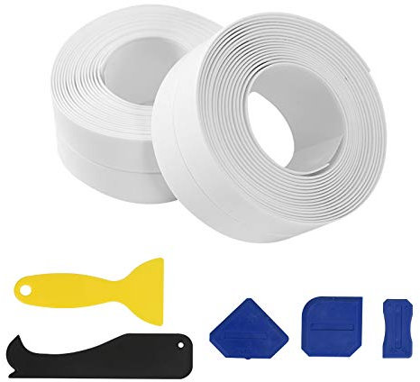 LAITER 2PCS Cinta de sellado de bañera Cinta de sellado de bañera y baño Cinta adhesiva a prueba de agua Cinta selladora autoadhesiva blanca para bañera WC Pared Borde de esquina con herramientas