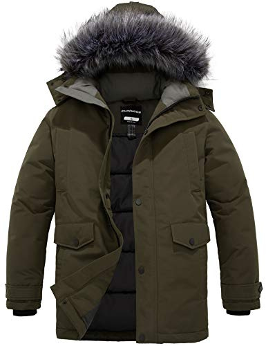 CHIN·MOON Homme Veste Matelassée d'hiver en Coton Veste Coupe-Vent Extérieure Chaude Manteaux à Capuche Fausse Fourrure Parka Classique Vert L
