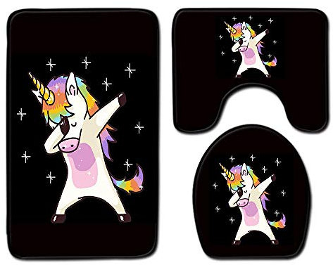 FGHJSF 3-teiliges Badteppich-Set Einhorn am Nachthimmel rutschfeste Mikrofaser Shaggy Soft Bath Duschmatten Contour Badteppich Toilettensitzbezug