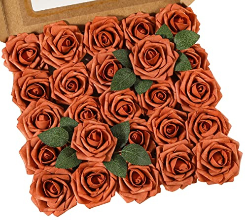 Ksnnrsng Konstgjorda blommor, ros, äkta utseende, fuchsia, falska skumrosor för gör-det-själv bröllopsbuketter, bordsuppsatser, möhippa, fest, heminredning (25 st, mix orange)