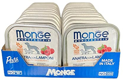 Monge Monoprotein Cibo umido per Cane Anatra con Lamponi, naturalmente senza coloranti, conservanti e zuccheri aggiunti. Confezione da 24 vaschette (1 = 150gr.)