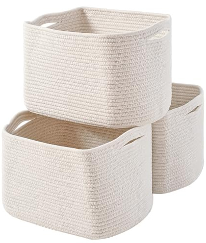 ICERZCZ Storage Baskets for Organizing Shelves, Woven Cotton Rope Bins for Baby Nursery Organization, Book Toy Towel Organizer, 15x11x9.5, 3 Packs, Off White