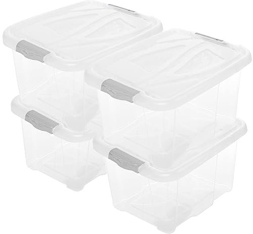 2friends 4er Set Aufbewahrungsbox mit Deckel 30 Liter 4 Stück Plastikbox aus lebensmittelecht Kunststoff mit Clip-Deckeln Stapelbar Transparent, 26 x 49 x 39 cm Made in EU