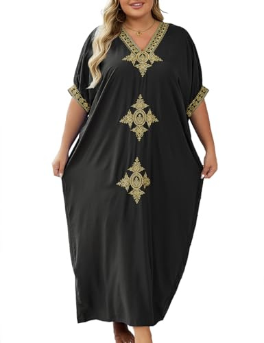 Bsubseach Vestido caftán bordado dorado con cuello en V para cubrir la playa, Negro -, Talla única