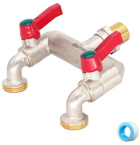 iBamso Brass 1/2'' Double Tap & Splitter, 1/2 Inch Inlet & Two 3/4 Inch Outlet, Ball Valve Faucet, 2 Way Tap Connector