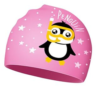 PAEHUIMT Badekappe Kinder, Schwimmkappe für Jungen Mädchen 4–12 Jahre, Silikon Cartoon Badekappe, Wasserdicht (Pinguin, Rosa)