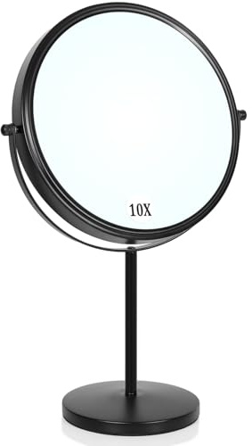 Large Size Tabletop Makeup Mirror with Magnification, 9-Inch Double-Sided 360° Swivel Free Standing Vanity Mirror, 1X/10X Magnifying Mirror with Stand for Bathroom & Bedroom, Matte Black, No Light