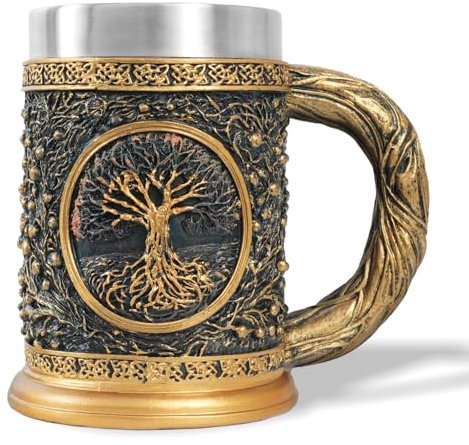 AtSKnSK Chope à bière viking en acier inoxydable avec une anse mythologie nordique marteau de Thor arbre de vie café chope à bière valhalla viking cadeaux pour hommes et femmes (arbre de vie)