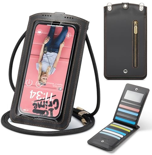 Casecond Handytasche zum Umhängen Geldbörse Universal Crossbody Handy Tasche Kleine Umhängetasche Damen mit Handykette Touchscreen Reißverschluss für iPhone 16 15 14 Samsung Xiaomi Bis zu 7.5 Schwarz