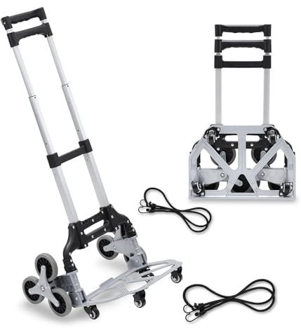 Ollewiellan Diable Pliable à Main et d'Escalier en Aluminium - Capacité de Charge 75 kg, Surface de Chargement 385 x 280 mm Avec Coussinets