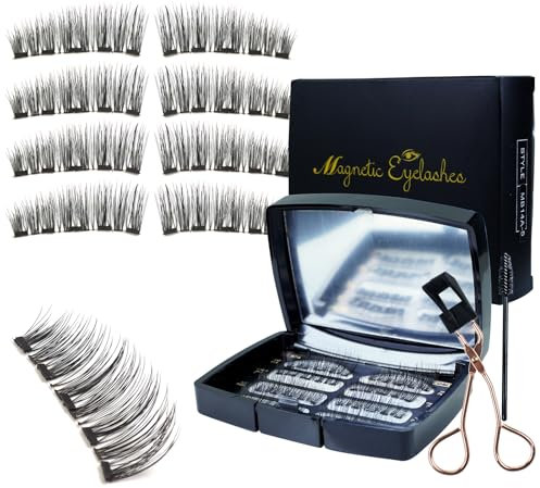 Joyeee Ciglia Finte Magnetiche, 4Pairs Ciglia Finte Ciuffetti Naturali, 3D Riutilizzabili Half Lashes Cat Eye Eyelashes No Need Ciglia Colla, Kit Extension Ciglia per Donne Ragazza