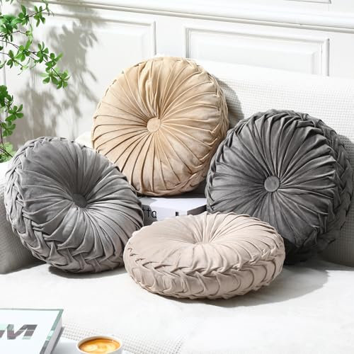 Kathfly 4 st rund prydnadskudde sammet veckad 3D pumpa rund kudde boho golv kudde soffa för sängstol hem bil soffa dekorationer, 35 x 35 cm (flerfärgad)