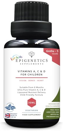 Kids Vitamins A, C & D for Children & Baby | Bones, Vision & Heart | Sugar Free Liposomal Liquid Multivitamin Supplement | 2 Month Supply | 30ml Bottle with Spoon. Vegetarian & UK Made