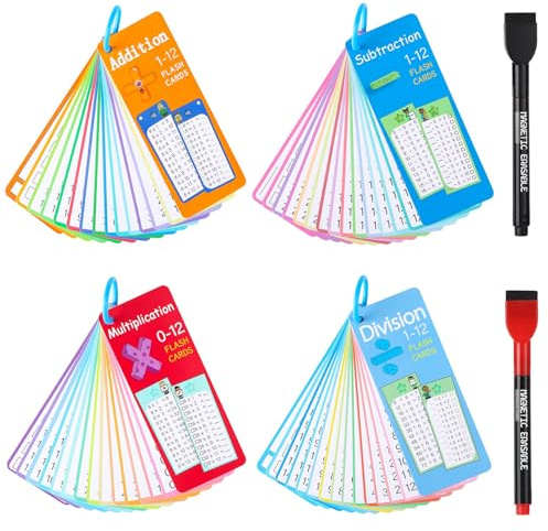 Pack of 4 Times Table Math Flash Cards 1-12, Multiplication Time Tables Flash Cards Poster with 2 Dry Erase Markers,Multiplication Educational Game for Kids 1st to 3rd Grades