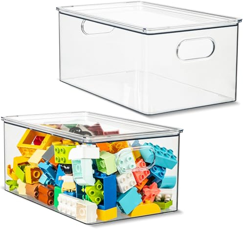 primebox Plastic Clear Stackable Storage Bins with Lids. Great for Pantry or Kitchen Organization. Fridge Organization Containers. Cabinet, Bathroom Organizer. 4 Pack