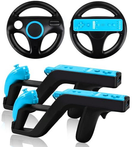 LongLongJin 2 Racing Steering Wheels And 2 Zapper Light Guns, Compatible With Nintendo Wii/Wii U Remote Game(Black)