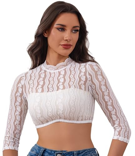 Adisno Dirndl Blusa Donna,Camicia Dirndl Donna, Dirndl Blusa con Maniche Lunghe,Bianco,44