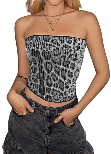 OhMill Top Tube Leopardo per le Donne Crop Top Senza Maniche Sexy Canotta Senza Maniche Sexy Paillettes Fascia Tubo Y2K Senza Spalline Estate per Festa Notte Club Appuntamenti Raves, Leopardo Grigio