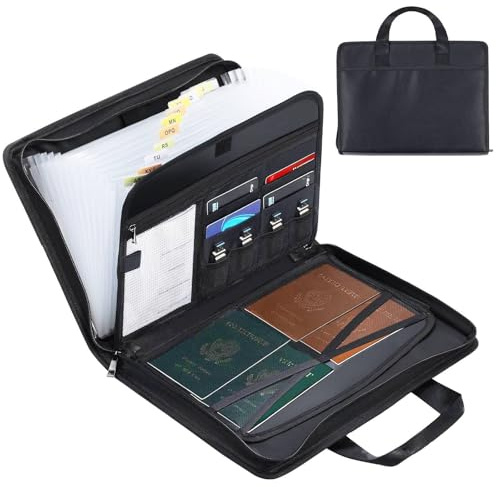 Pomodee Cartella Portadocumenti A4 Ignifuga e Impermeabile a Fisarmonica con 13 Tasche,Chiusura Lampo Maniglia–Porta Documenti Espandibile per Viaggi,Ufficio,Organizzatore per Passaporti,Ricevute,Nero