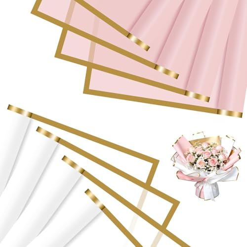 jwtyu Set med 40 rosa och vitt blompapper, 57 x 57 cm, blombukett, presentlådor, dekoration och gör-det-själv