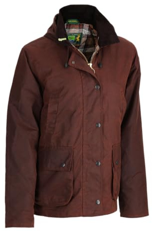 Romneys London Ladies - Giacca impermeabile da donna, in cotone cerato, impermeabile, antivento e con cappuccio, Rosso - marrone , XL