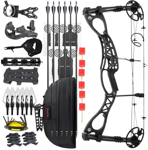Kit arco compound e frecce (0-70 libbre) – 320 FPS IBO, camma CNC con let-off dell'80% + riser ad alta resistenza per il tiro all'aperto e la caccia