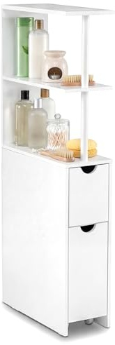 COSTWAY Tall Bathroom Cabinet, Freestanding Slim Bathroom Storage Unit with Open Shelves, Drawer, Slide-out Cart and Wheels, Wooden Narrow Floor Cupboard for Living Room Kitchen, 45x20x114cm, White