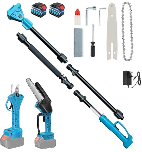Kit de Podadora de Pértiga y Tijeras Eléctricas y Mini Motosierra Bateria 8 Pulgadas 3 en 1 | Altura Ajustable 2m | 2 Baterías | Para Jardín y Huerto