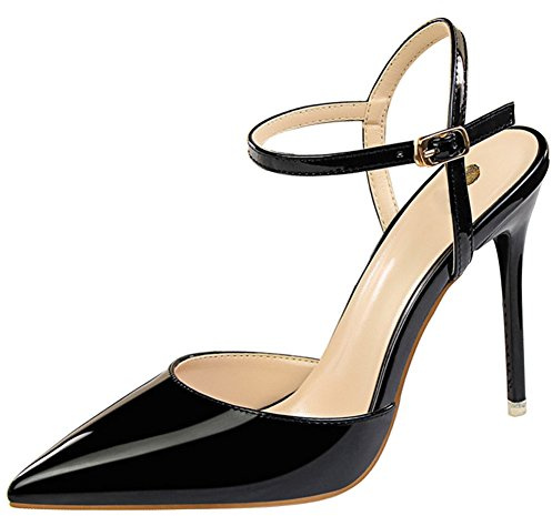 wealsex Escarpins Sandales Cuir Vernis Talon Haut Aiguilles Sexy Bout Pointu Bride Cheville Chaussure Mode Simple Soirée Club Bar Mariage Femme (Noir,34)