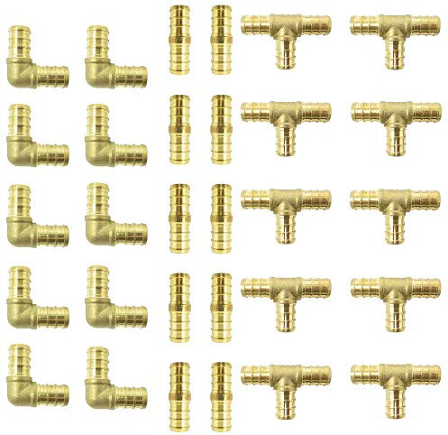 PEX Guy (30 Pieces) 1/2 Brass PEX Fittings for 1/2 inch PEX Pipe (10 - Elbow, 10 -TEE, 10 - Coupler/Straights) Kit for Domestic Water and Radiant Heating, DZR and No-Lead Brass Crimp Cinch System