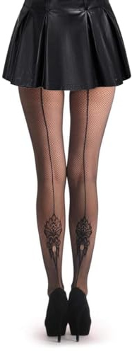 Abberrki Womens Sexy Back Seam Fishnet Tights Sparkle Fishnet Stockings with Rhinestone Backseam (Backseam with flower)