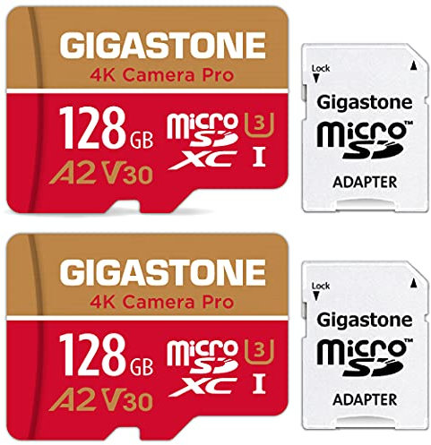 [5 años Recuperación de Datos Gratis] Gigastone Tarjeta de Memoria 128 GB Juego de 2 Tarjetas, 4K Cámara Pro, Compatible con GoPro Switch, Velocidad 100 MB/s. A2 U3 V30 - Tarjeta Micro SDXC con