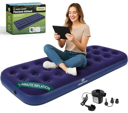 Green Haven Single Flocked Airbed – Lightweight Inflatable Camping Mattress with Waterproof Flocked Top – Portable Air Bed for Adults & Kids (Single Flocked Airbed With Pump)