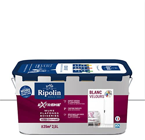 RIPOLIN - Peinture Monocouche pour Murs, Boiseries & Radiateurs - Intérieur - Finition Parfaite - Haute Résistance aux Chocs & Salissures - Lessivable - Velours - 2,5L - Blanc
