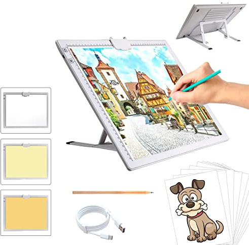TOHETO A3 Rechargeable Tablette Lumineuse Diamond Painting, Table Lumineuse Dessin avec Support Pliable Uminosité Réglable Tableau Tumineux,LED Tables à Dessin Lumineuse pour Tatouage,Croquis （Blanc）