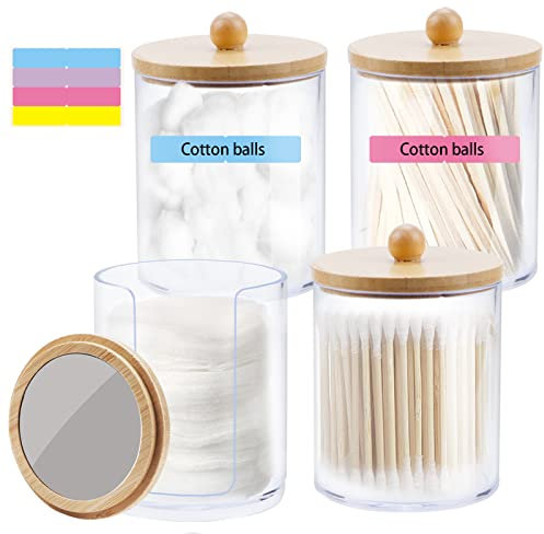 Oziral 4 Piezas Dispensador De Discos De Algodón Tapa de Bambú con Espejo para Almohadillas de Algodón Qtip Organizador de Baño y Contenedor TRANSPARENTE