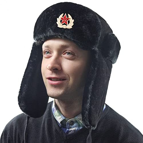Luxylei Insignia Militar Soviética Rusia Rusia Ushanka Bombardero Sombrero Piloto Conejo De Conejo Gorro De Invierno con Orejeros De Piel Cape De Esquí Cape De Esquí