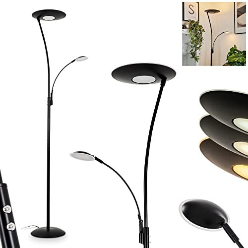LED Stehleuchte Gravin, dimmbare Bodenlampe aus Metall/Kunststoff in Schwarz/Weiß, Stehlampe m. Deckenfluter u. beweglichen Lesearm, 1 x LED 29 Watt + 1 x LED 6,5 Watt, mit Tastdimmern am Gehäuse