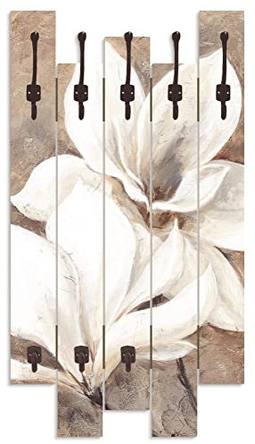 ARTLAND Wandgarderobe Garderobenpaneel Holz mit 8 Haken 63x114 cm Design Garderobe mit Motiv Pflanzen Blumen Blüte Magnolie Vintage Shabby Chic T4IQ