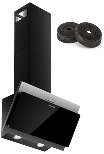 Klarstein Alessia Campana Extractora 60 cm - Angular, 404 m³/h, A+++, LED, 3 Velocidades & Turbo, Filtro Carbón, Acero Inoxidable & Cristal Negro, Campana Extractora Decorativa Cocina