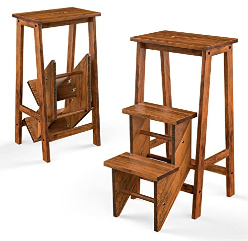 GIANTEX Taburete Escalera de Madera de Caucho, 3 Peldaños, 57 x 41 x 76 cm, Taburete Plegable Multifuncional, Carga 310 kg, Escalera Silla para Cambiador, Cocina, Almacén (Café)
