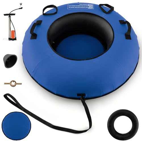 COSTWAY Slittino da Neve Gonfiabile 100/200cm, Slitta per 1/2 Persone con Gomma Premium, Fondo Rigido, Cinghia di Traino, Sedile Imbottito e Pompa, Tubo da Neve per Bambini e Adulti (Blu, 100 cm)